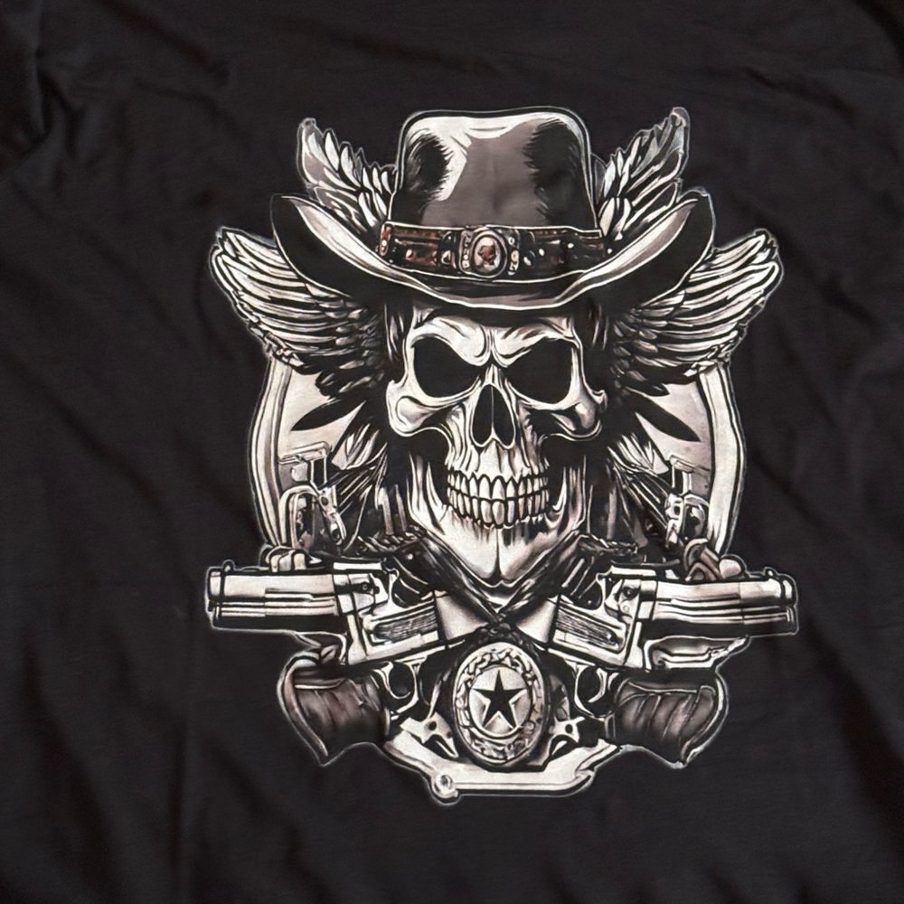 Black Short Sleeve Tee with Skull and Pistols Design